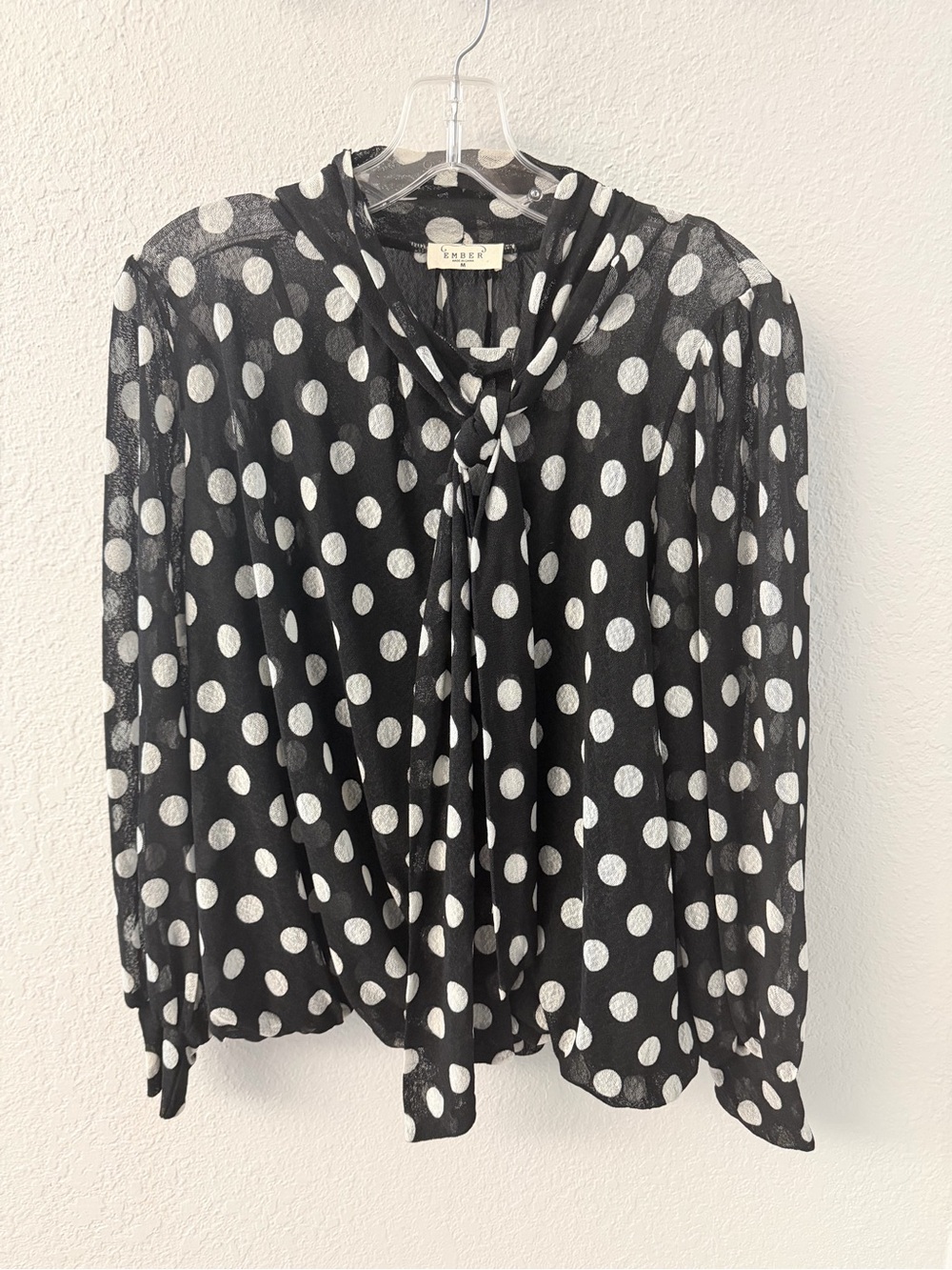 Ember Black and White Polka Dot Tie-Neck Blouse Size Medium